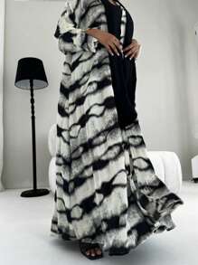 1件優雅女士黑白色波浪雲紋印花百褶袍，配開口袖和開放式前襟，適合日常穿著 - 黑與白 - 查看 3