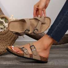 Women's Flat Cork Sandals, Summer Sandals Toe Loop Cross Strap, Retro Style & Casual Sandals With Adjustable Strap Buckle - 淺棕色 - 查看 7