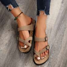 Women's Flat Cork Sandals, Summer Sandals Toe Loop Cross Strap, Retro Style & Casual Sandals With Adjustable Strap Buckle - 淺棕色 - 查看 6