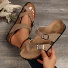 Women's Flat Cork Sandals, Summer Sandals Toe Loop Cross Strap, Retro Style & Casual Sandals With Adjustable Strap Buckle - 淺棕色 - 查看 4