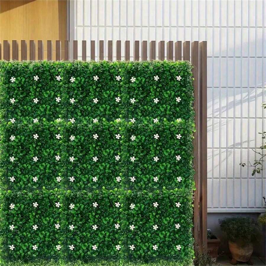 Artificial Plant Wall Panels With White Flower Grass Heads - UV Resistant Plastic Splicing Boards For Outdoor Wall Decor, Easter Party And Wedding Decoration - Green - View 1