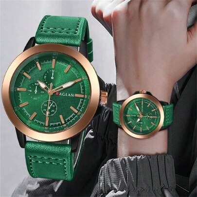 1pc Men's Fashion Business Sunray Dial Three Sub-Dials Leather Strap Quartz Wristwatch
