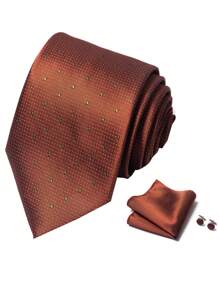 AlanKing 1 套男士领带、手帕和袖扣套装，8 厘米圆点领带适合节日、婚礼和工作休闲男士领带 - 亮橙色 - 查看 2