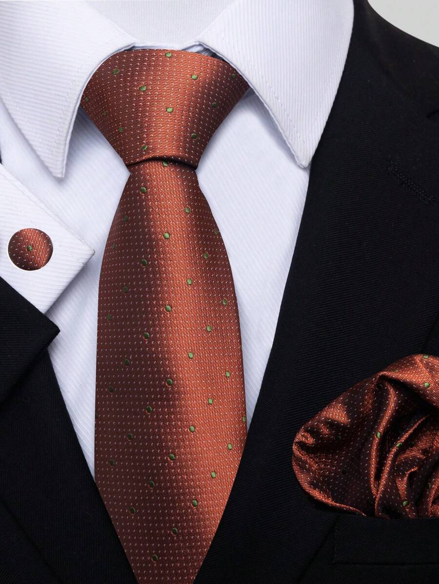 AlanKing 1 套男士领带、手帕和袖扣套装，8 厘米圆点领带适合节日、婚礼和工作休闲男士领带 - 亮橙色 - 查看 1