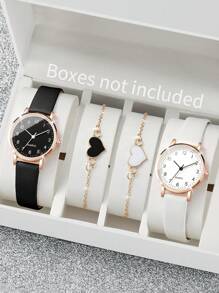 Women's Fashionable Simple Digital Dial Quartz Wristwatch + Heart Bracelet (4pcs/Set) As A Gift For Students Returning To School Valentines - Black and White - View 1