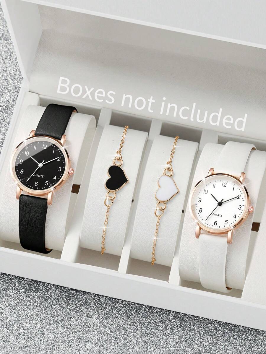 Women's Fashionable Simple Digital Dial Quartz Wristwatch + Heart Bracelet (4pcs/Set) As A Gift For Students Returning To School Valentines - Black and White - View 1