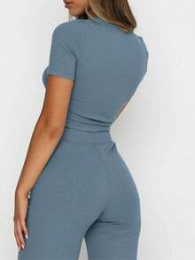 Conjuntos De 2 Piezas Para Mujer Crop Top De Canalé Pantalones Palazzo De Manga Corta Lounge Set Navidad Ropa Mujer - Azul - Ver 10