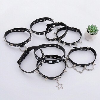 8pcs Exaggerated Punk Goth Style PU Leather Choker, Couples Necklace Set, Rivet Skull Rocker Neckband For Daily Decoration