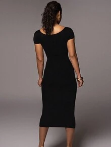 Vestidos Largos de Verano para Mujer 2025 Sexy Cuello Abierto Wrap Bodycon Slim Dress Sólido Manga Corta Costilla, Vestido Largo Fiesta Prom Dress - Burdeos - Ver 6