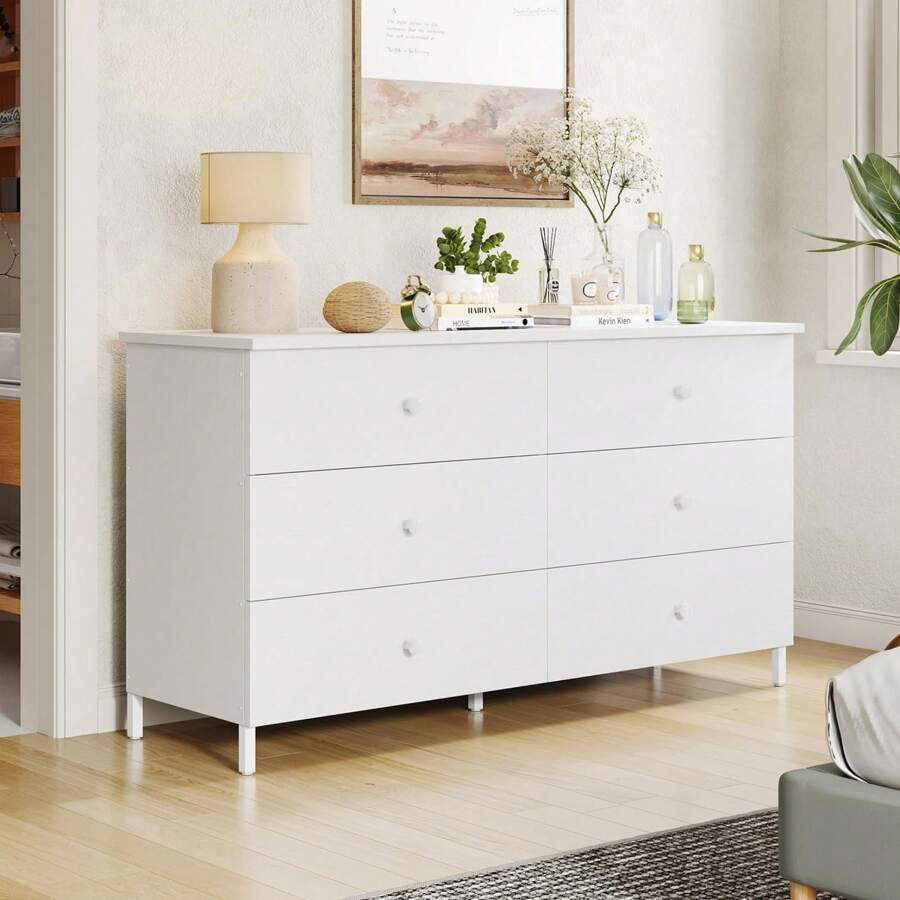 6 Drawers Double Dresser, Wooden Chest Of Drawers, Dresser For Bedroom, Living Room, Entryway - 白色 - 查看 1