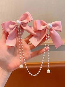 1pc Girls' Pearl Chain Bow Hair Clip, Cute & Elegant, Versatile For Daily Wear, Pink Tone - Multicolor - View 2