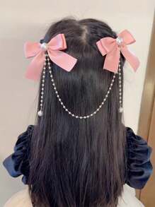 1pc Girls' Pearl Chain Bow Hair Clip, Cute & Elegant, Versatile For Daily Wear, Pink Tone - Multicolor - View 4