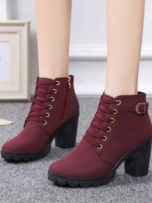 elegantes botas de moda De Mujeres De Moda Zapatos De Tacón Con Cordón Botines,Zapatos individuales de boca profunda para mujer, tacón medio grueso, zapatos blanco con punta puntiaguda,Womens Chunky Heel Ankle Boots,Botas de vestir de tacón alto de moda,Las mujeres de tacón alto botas individuales otoño cremallera lateral hebilla, Botas de combate minimalistas para mujer, nuevas botas para mujer de primavera, otoño e invierno, botas de color sólido, cordones laterales y cremallera, diseño de tacón grueso y punta redonda, estilo minimalista - Rojo - Ver 1