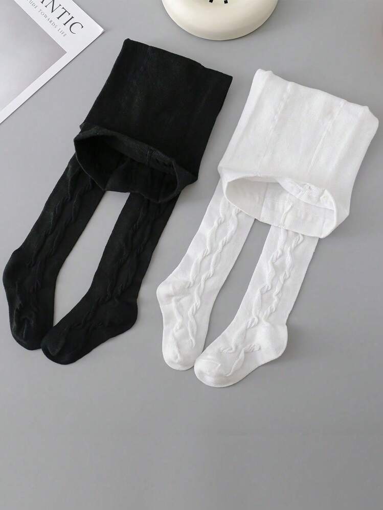2pcs/Set Infant/Toddler Girls' Simple Black & White Tights, Suitable For Spring/Autumn School Uniform Pairing - Black and White - View 3