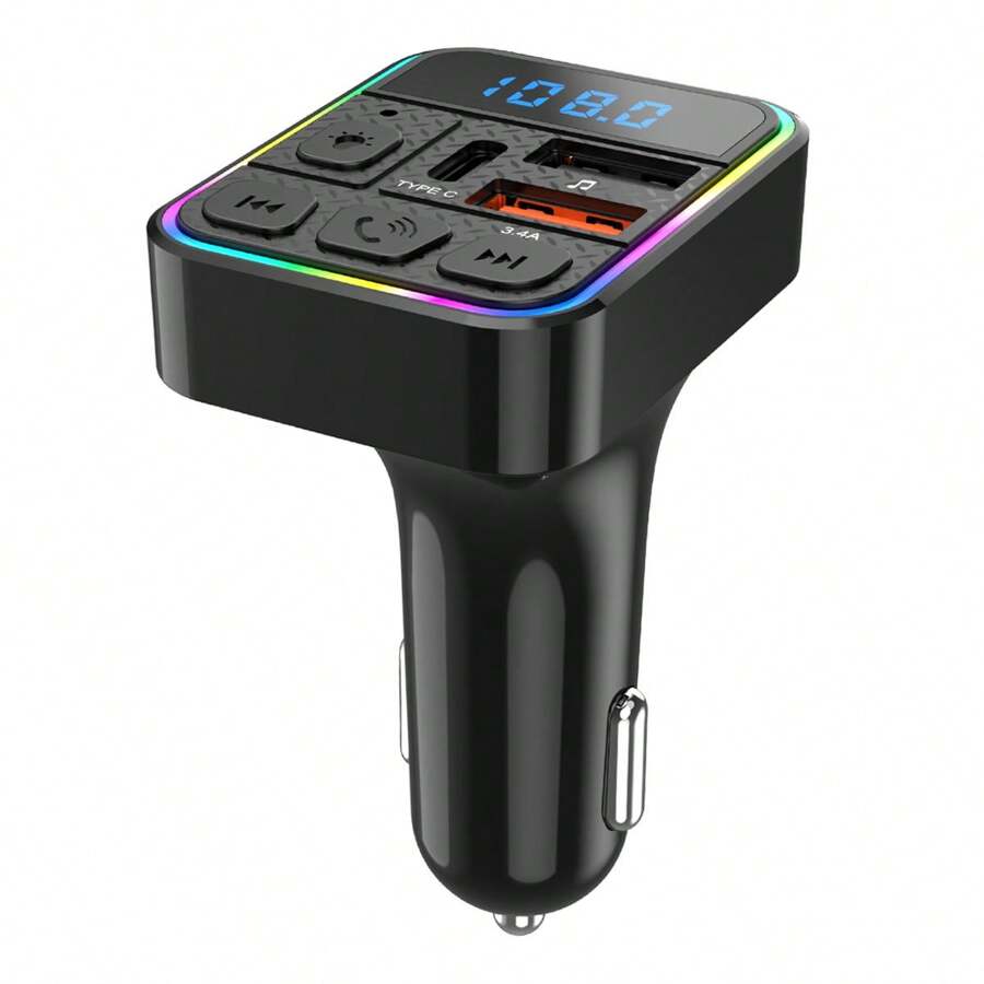 汽车 FM 发射器音乐 MP3 播放器支持 TF 卡 USB 闪存盘播放 Type C 双 USB 车载充电器无线免提通话车载套件 - 黑色 - 查看 1