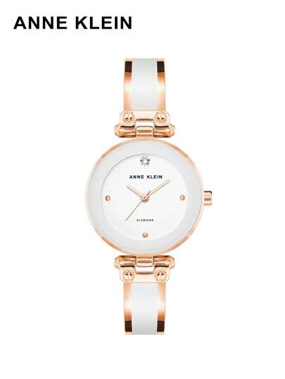 Anne Klein 女士腕表，白色表盘镶嵌迷你钻石，玫瑰金珐琅填充纤细表带，优雅休闲，适合日常佩戴，是送给妻子、女友或情人节的理想礼物 - AK/1980WTRG