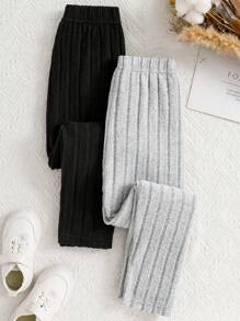 2pcs Tween Girl Elastic Waist Ribbed Solid Color Leggings Set