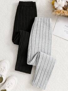 2pcs Tween Girl Elastic Waist Ribbed Solid Color Leggings Set