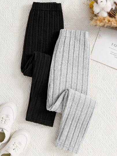 2st Tween flicka elastisk midja ribbad enfärgad Leggings Set