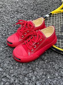 兒童春秋季帆布運動鞋,韓版休閒低幫系帶鞋,經典帆布滑板鞋 - 紅色 - 查看 1