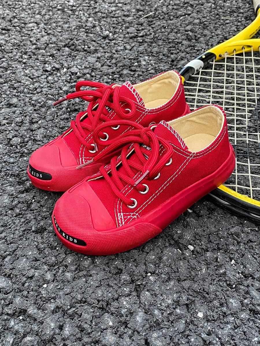 兒童春秋季帆布運動鞋,韓版休閒低幫系帶鞋,經典帆布滑板鞋 - 紅色 - 查看 1