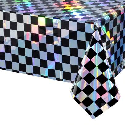 1 Pack Black And Iridescent Checkered Plastic Tablecloth, Shiny Disposable Laser Rectangle Table Covers, Holographic Foil Tablecloth Iridescent Party Decorations For Picnic Camping Outdoor, 54x108InchBirthday Decorations Wedding Decorations Graduation Season Decorations