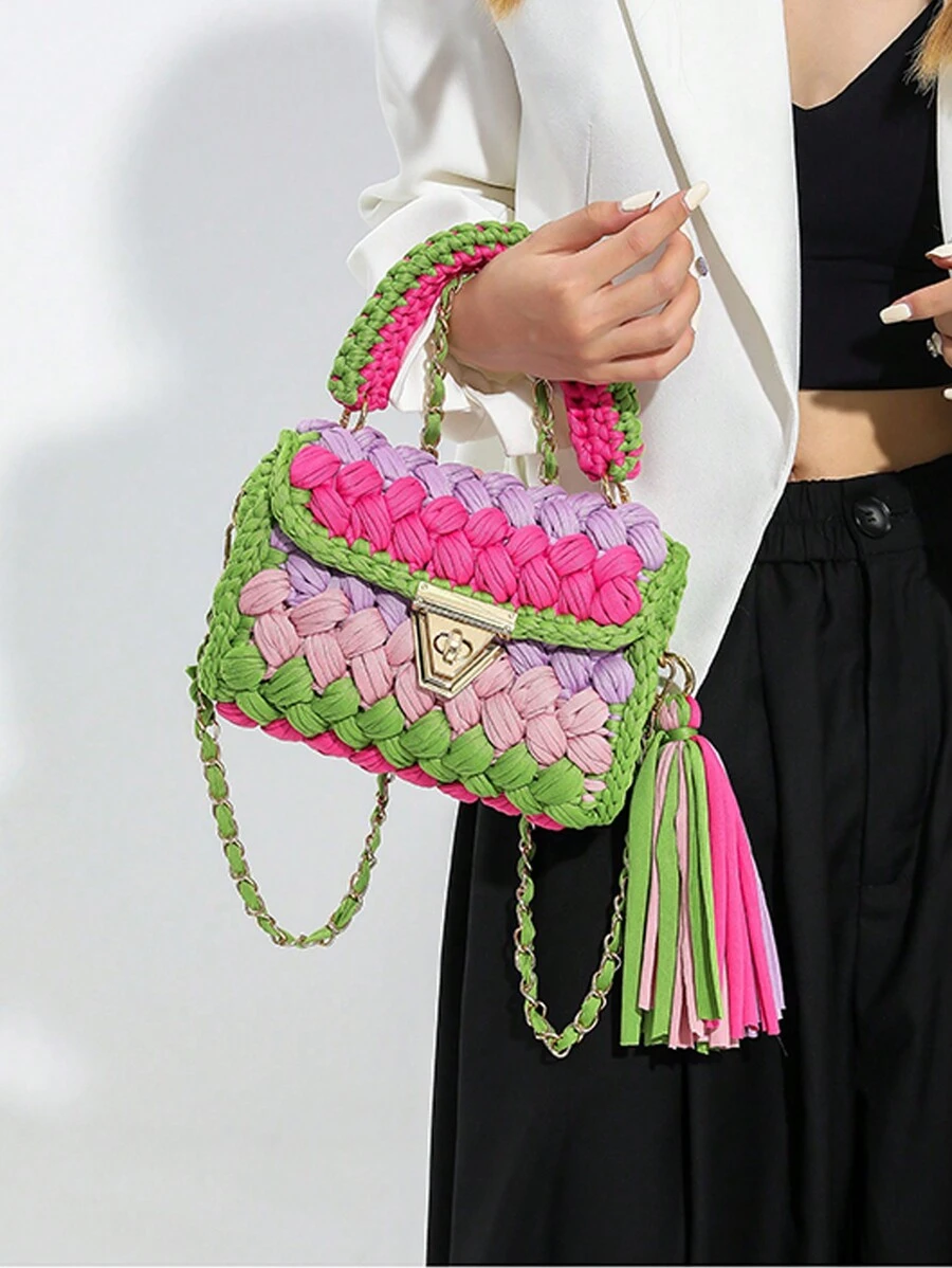 Mini Colorblock Crossbody Bag, Crochet Shoulder Bag, Women's Fashion Handbag & Purse - Green - View 1