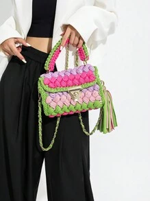 Mini Colorblock Crossbody Bag, Crochet Shoulder Bag, Women's Fashion Handbag & Purse - Green - View 3