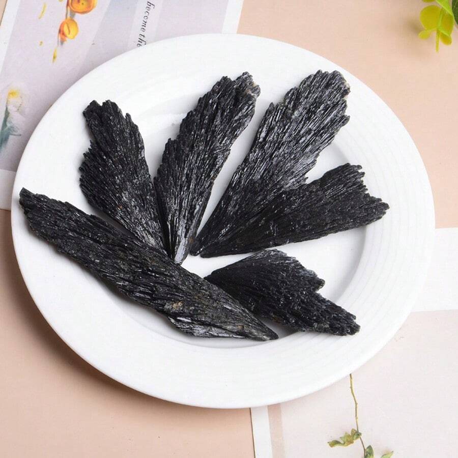 1 件天然黑色碧玺水晶原石，羽毛和翅膀形状，粗糙的治疗水晶簇矿物标本，家居装饰石