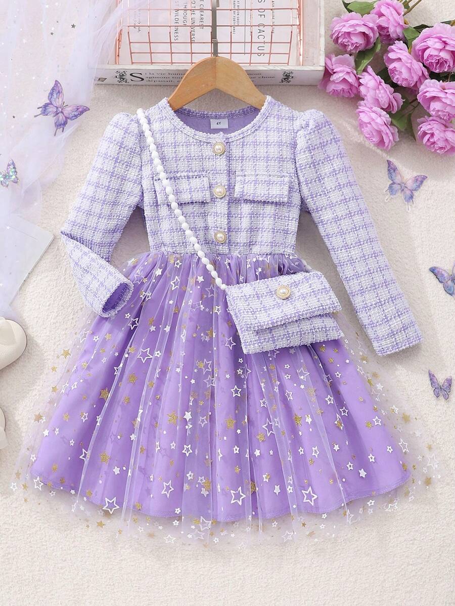 Young Girl Check Pattern Contrast Mesh Elegant Princess Dress With Accessories - Purple - View 1