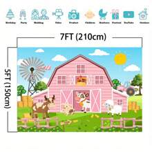 Pink Barn Farm Background Cartoon Farm Animals Birthday Party Decor For Farm Themed Birthday Cake Table Banner Photography Backdrop (Pink) - Pink - View 3
