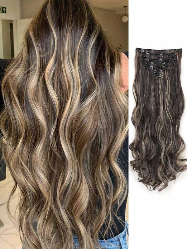 Clip On Hair Extensions 22 "7 Pieces/Set Long Wavy Hair Long Synthetic Hair Extensions Secret Thick Wig For Ladies Ombre Synthetic Invisible Increase Thick Clip In On Hair Extensions