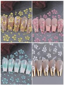 6片夏季芙蓉花美甲贴纸，混色3D自粘贴花，美甲滑块，粉色、白色、金色花卉美甲设计，美甲装饰，适合度假美甲，女士女孩美甲用品 - 彩色 - 查看 7