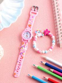 1pc Cute Unicorn Decorated Round Quartz Watch & 1pc Unicorn Bracelet, Ideal For Daily Wear Or As A Gift For Girls - Pink - View 2