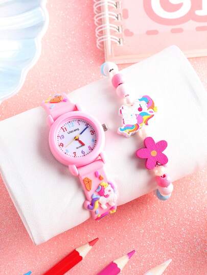 1pc Cute Unicorn Decorated Round Quartz Watch & 1pc Unicorn Bracelet, Ideal For Daily Wear Or As A Gift For Girls