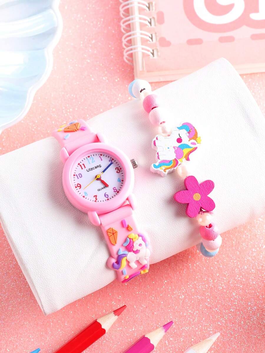 1pc Cute Unicorn Decorated Round Quartz Watch & 1pc Unicorn Bracelet, Ideal For Daily Wear Or As A Gift For Girls - Pink - View 1