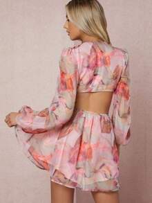 Manga farol V Cuello Hueco Estampado Flor Verano Playa Mujer Gasa Rojo Mono Conjunto Dos Piezas - Rosa - Ver 5