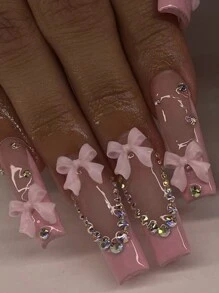 Atualize instantaneamente seu visual com 24 peças Conjunto de Unhas Postiças Quadradas Longas Pressione em Rosa Doce Estilo Francês, Design de Decoração com Laço Rosa 3D Iridescente com Pedrinhas, Unhas Postiças de Cobertura Total para Mulheres e Meninas, Inclui 1 Folha de Adesivos e 1 Lixa Miniatura, Remessa Aleatória de Gel Jelly - Rosa chiclete - Visão 1