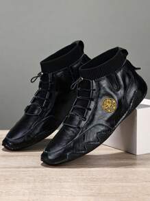 Men Genuine Leather Handmade Elastic Band Casual Boots, Durable And Versatile - Black - View 3