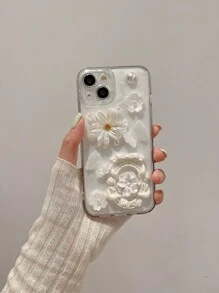Shockproof Flower Element Fashion Phone Case Junk Phone Case 3D Flower Faux Pearl & Gemstones Phone Case Compatible With IPhone 14 Compatible With Apple 13 Pro Max/12/11 Transparent Soft Dropproof Cover Unique Creative Design Suitable For INS Goddesses Women Of Elegance Waterproof Shockproof Anti-Fall Scratch Resistant Spring Mom Gift Party - White - View 4