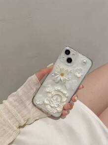 Shockproof Flower Element Fashion Phone Case Junk Phone Case 3D Flower Faux Pearl & Gemstones Phone Case Compatible With IPhone 14 Compatible With Apple 13 Pro Max/12/11 Transparent Soft Dropproof Cover Unique Creative Design Suitable For INS Goddesses Women Of Elegance Waterproof Shockproof Anti-Fall Scratch Resistant Spring Mom Gift Party - White - View 6