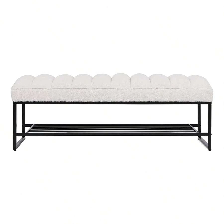 Channel Tufted Bench With Metal Shelf White Sherpa Upholstered Benches End Of Bed Ottoman For Bedroom, Living Room, Entryway (White) - White - View 1