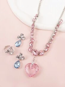 4pcs/Set Sweet & Cute Princess Style Summer Beach Vacation Heart Pendant Glass Crystal Necklace, Earrings, Ring Jewelry Set, Gift For Girls - Multicolor - View 2