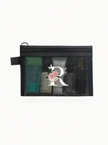 1个黑色网眼袋，白色花卉A-Z透明网眼化妆品收纳袋，多功能旅行便携包，护肤品和化妆品收纳袋，学生文具袋，网眼拉链袋，旅行化妆品收纳袋，简约高端，珠宝首饰收纳，适用于住宿、旅行、商务、游泳、家居收纳 - 黑色 - 查看 19