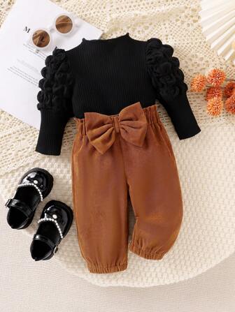 Baby Girl Black Puff Sleeve Top With Mid-High Collar And Bow Decoration Elastic Cuffed Pants Set