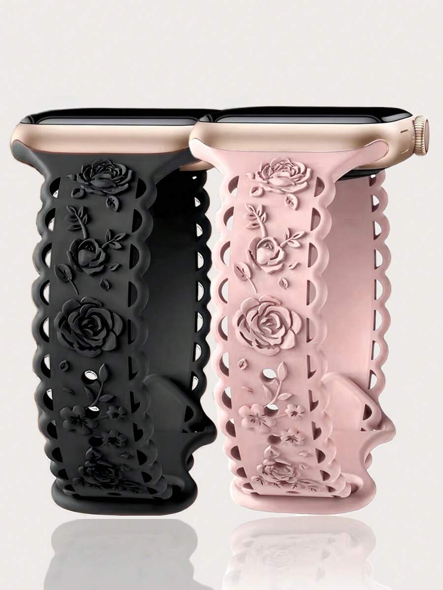 2件裝纖細蕾絲花卉雕刻錶帶，相容 49mm 46mm 45mm 44mm 42mm 41mm 40mm 38mm，波希米亞風可愛壓紋玫瑰矽膠錶帶，適用 Ultra 11 10 9 8 7 6 5 4 3 2 1 SE，男女通用，返校季