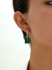 Aretes cuadrados compactos y lindos de joyería para los oídos con goteo de aceite colorido, incrustados con cobre y cristales - Número 2 - Ver 7