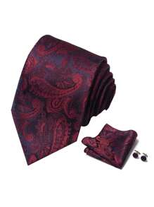 AlanKing 1 Set de Corbata, Pañuelo y Gemelos en Caja de Regalo, Corbata Rojo Vino con Estampado Paisley de 7.5cm para Hombres, Adecuado para Festivales, Bodas y Trabajo