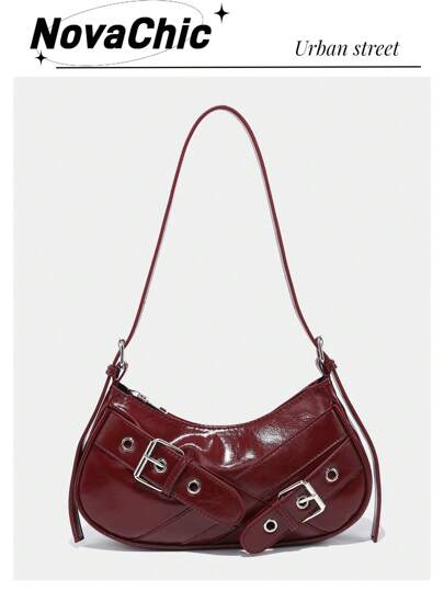 1pc Vintage Wine Red Patent Leather Y2K Gothic Style Shoulder Bag With Rivet Decoration For Women, Suitable For Daily Use And Travel, Crescent Moon Bag For Women, Fashionable Burgundy Bag, Retro Inspired Bag For Women, 2000s Fashion Style Bag For Women, Vintage Bag For Women, Halloween Purse Perfect For Fancy Party Halloween Fashion & Gothic Fashion , Red Bag , Burgundy Bag