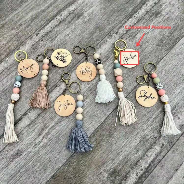 Personalized Keychain Nordic Style Tassel Design With Mixed Color Beads And Round Wooden Tag Engraved Trendy Colorful Cute Adorable Contracted Kawaii Y2K Stylish Casual Cuties Custom Personalized Uniq...